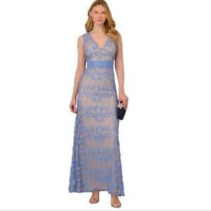 Adrianna Papell Embroidered Lace V-Neck Gown Peri Blue NWT